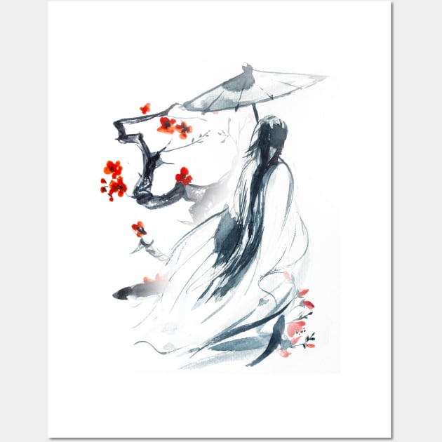 Japanese Sumi E - Lady with Umbrella Wall Art by Underthespell